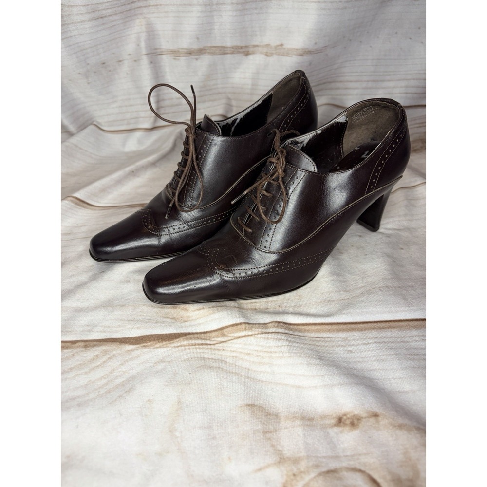 Vintage Casual Corner Italy Brown Leather‎ Oxford Heels Square Toe Size 5M
